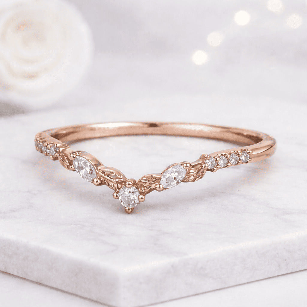 Marquise and Round Cut Lab Grown Diamond Curved Wedding Band
