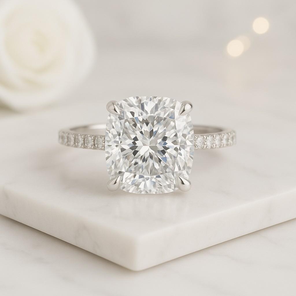 Double Halo Three Shank Cushion Cut Moissanite Engagement Ring