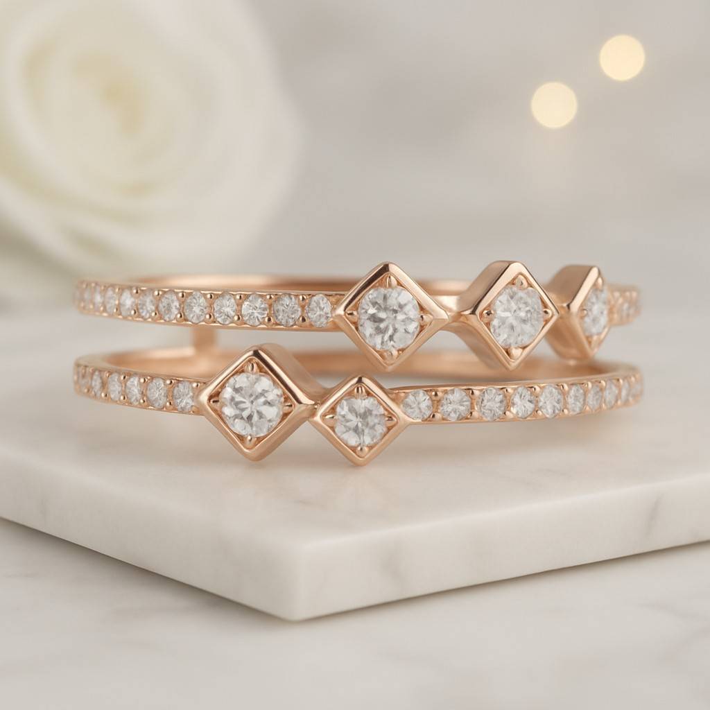 double row diamond engagement band round lab grown diamond band double ring for anniversary gift for wife unique two stackable ring for her