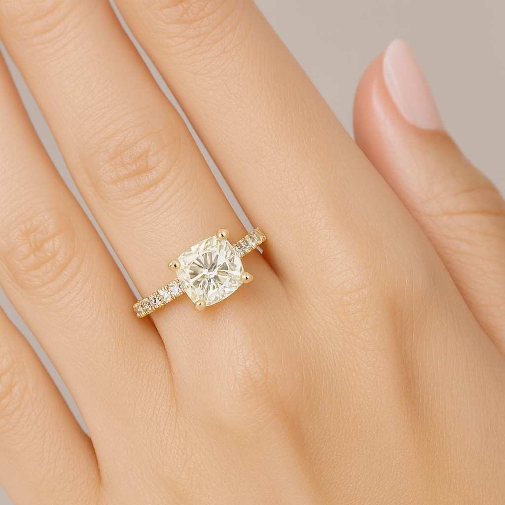 Elongated Cushion Cut Lab Diamond Bridal Ring Conflict Free Diamond French Cut Pave Shank Ring