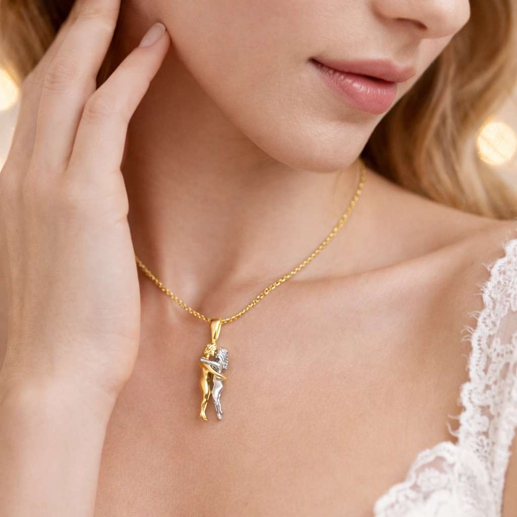Embracing Couple, Eternal Love, 14K Gold Pendant Hugging Couple Soulmate Necklace Necklaces for Valentine Eternal Love Gift Anniversary Gift
