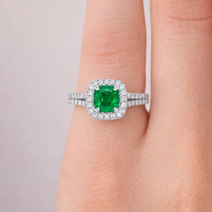 Emerald Cushion Ring Round Diamond Ring Halo Ring