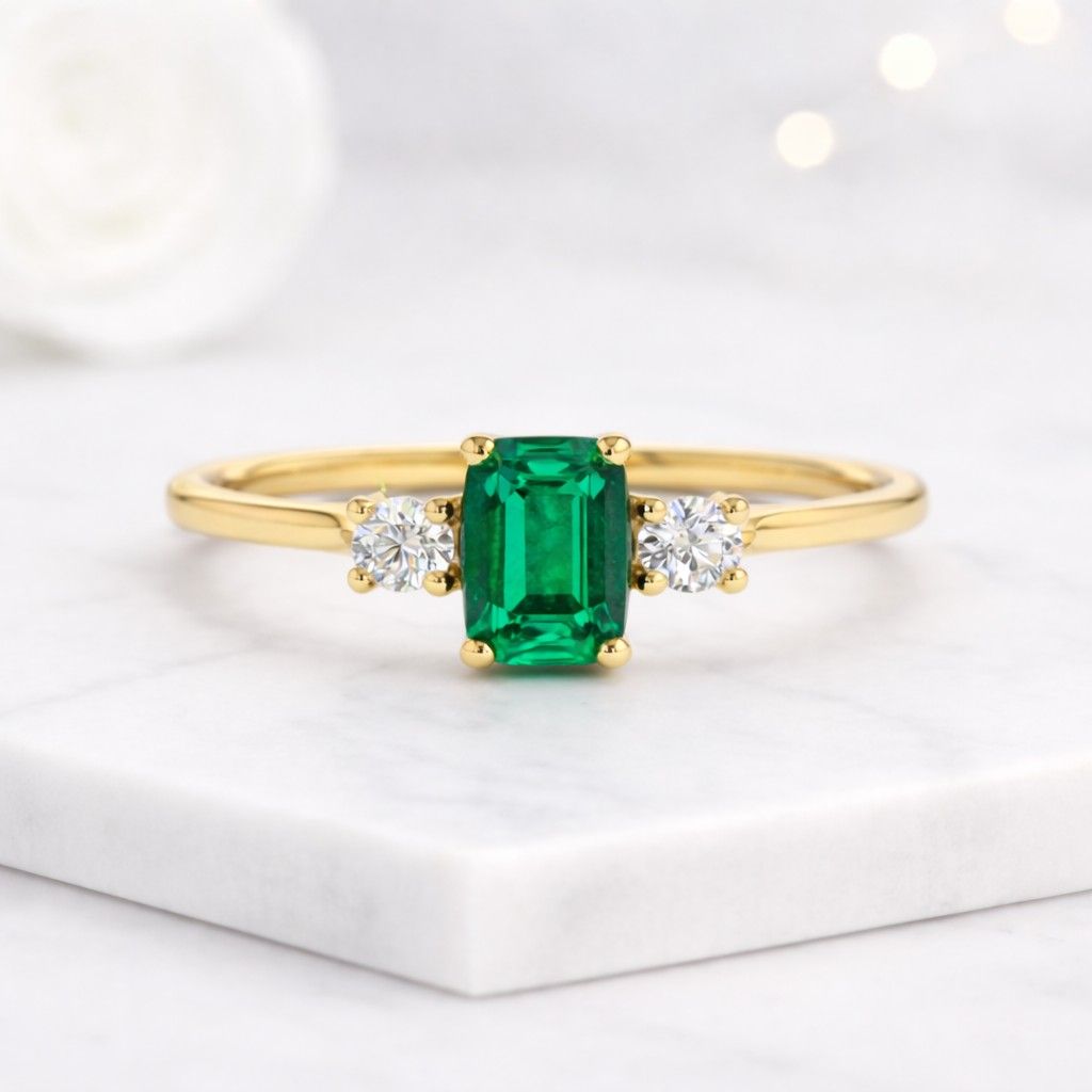 Emerald Cut Green Moissanite Three Stone Engagement Ring