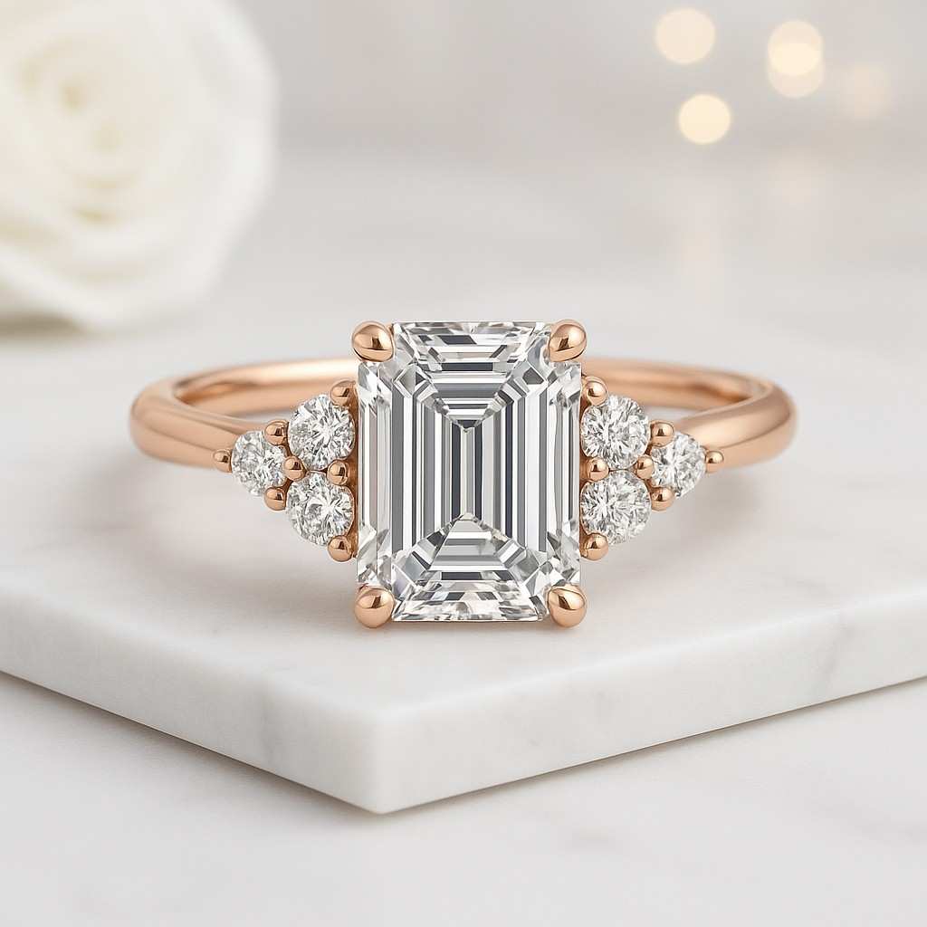 Emerald Cut Lab Diamond Wedding Ring Round Cut CVD Diamond Accent Ring