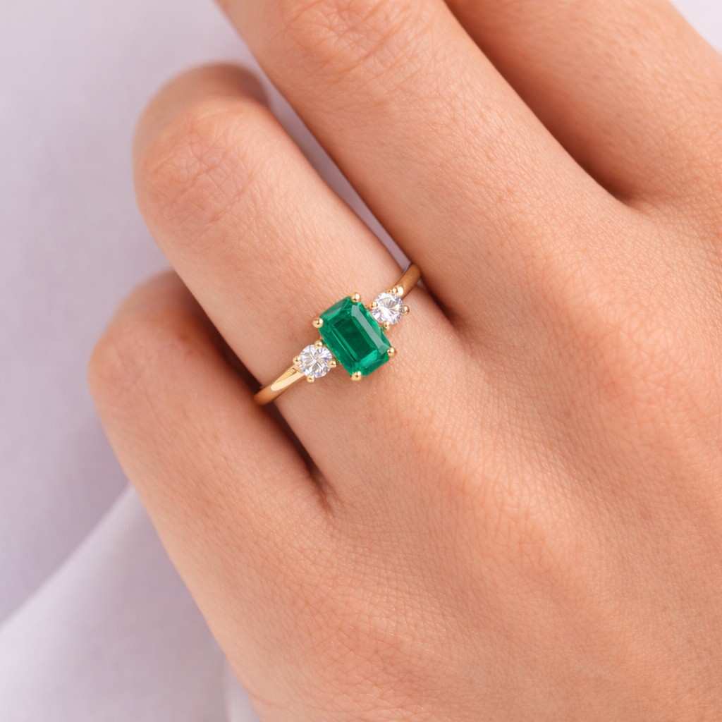 Emerald Green Moissanite Three Stone Engagement Ring