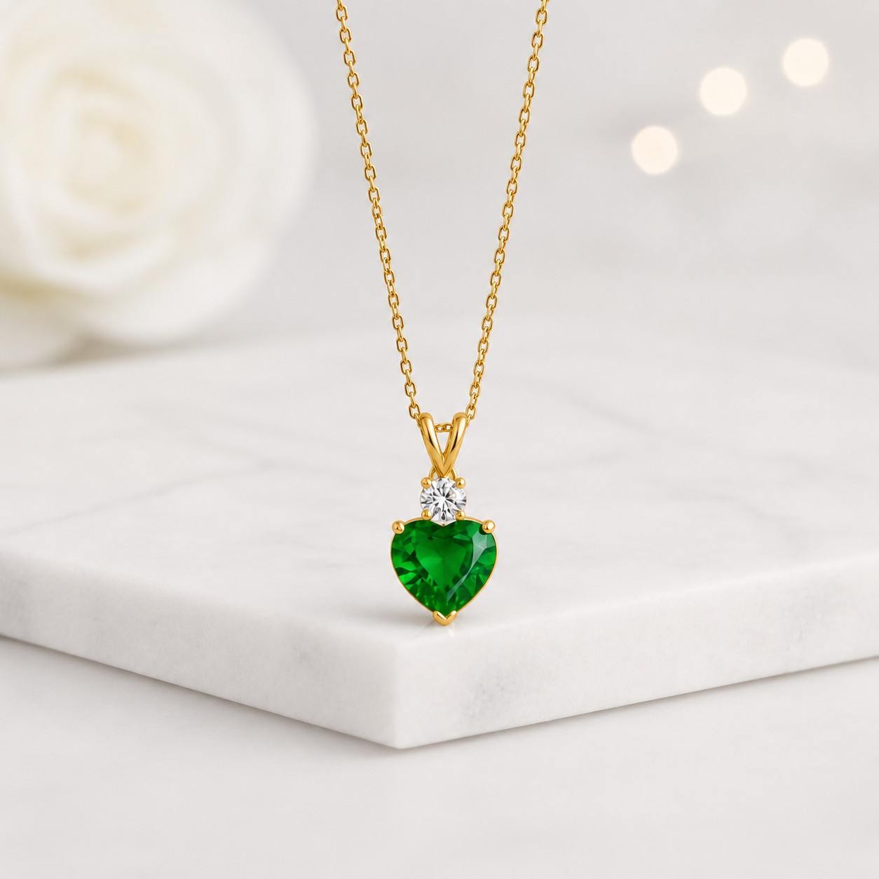 Emerald Heart Pendant, Created Emerald Pendant, Green Diamond Necklace, Gold Heart Necklace, Love Necklace, Birthday Gift, Gold By Adina