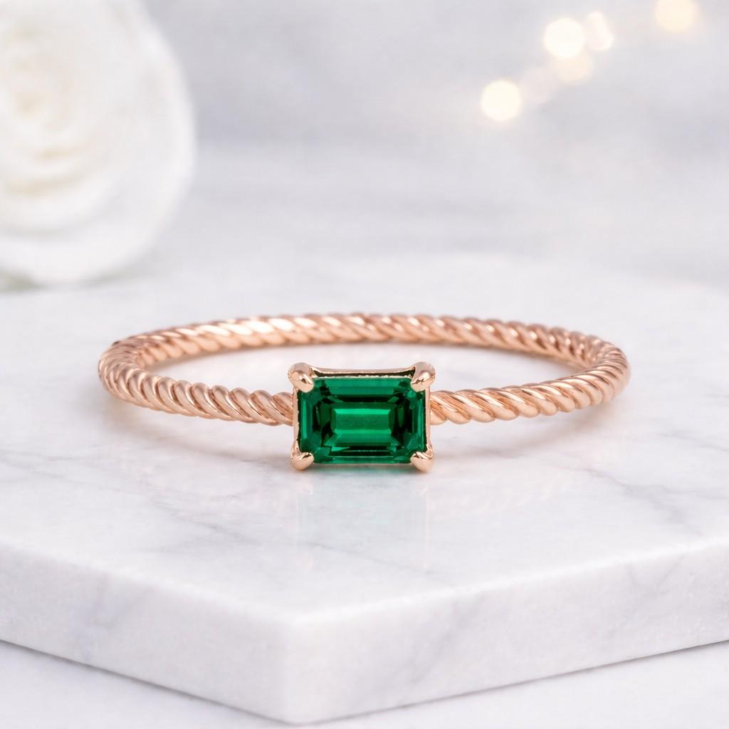 Emerald Ring Solitaire Ring Twisted Band Ring Baguette Diamond