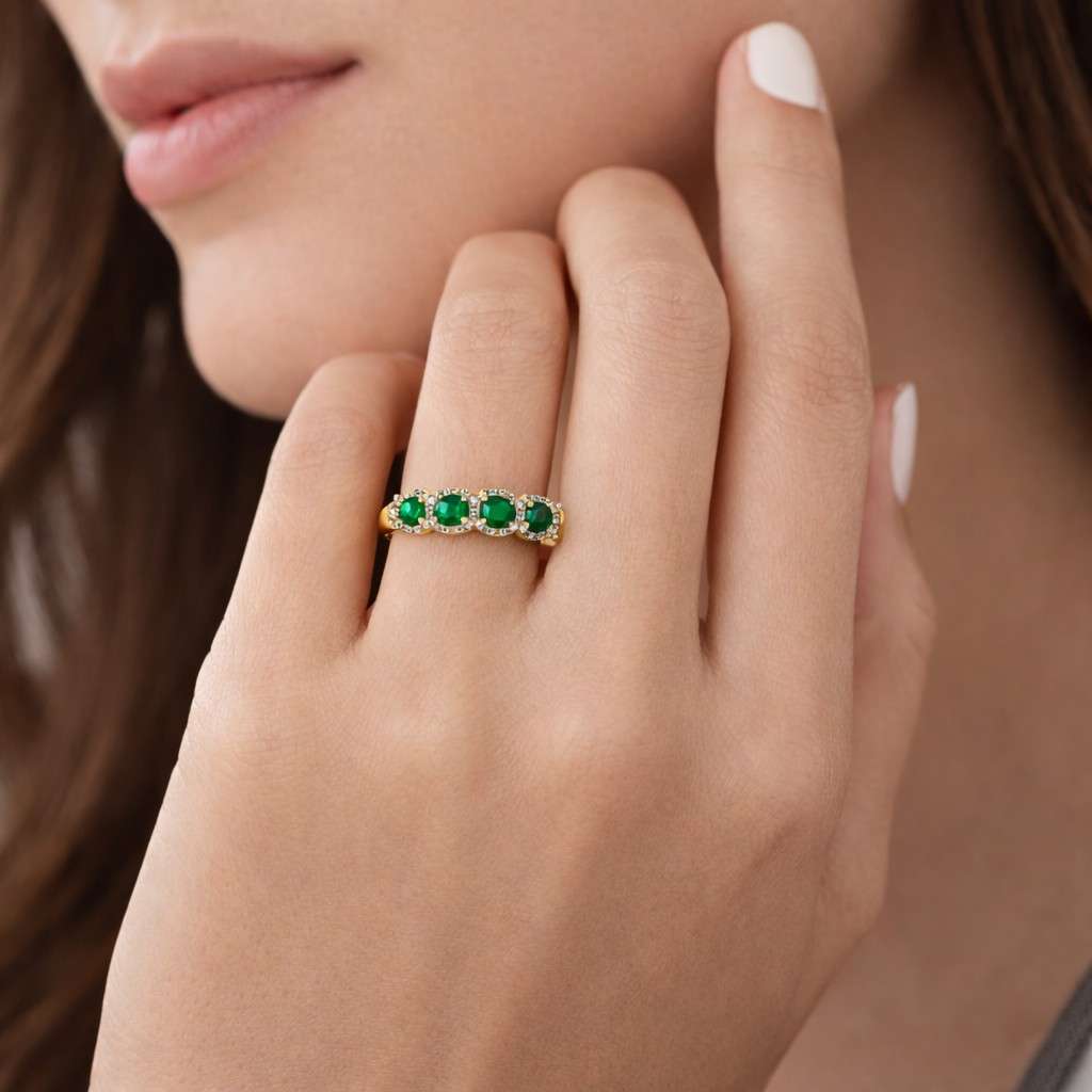 Emerald and Diamond Ring 14K Yellow Gold Micro Pave Half Eternity Band