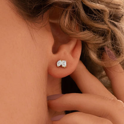 Emerald and_Pear Moissanite Two Stone Stud Earrings