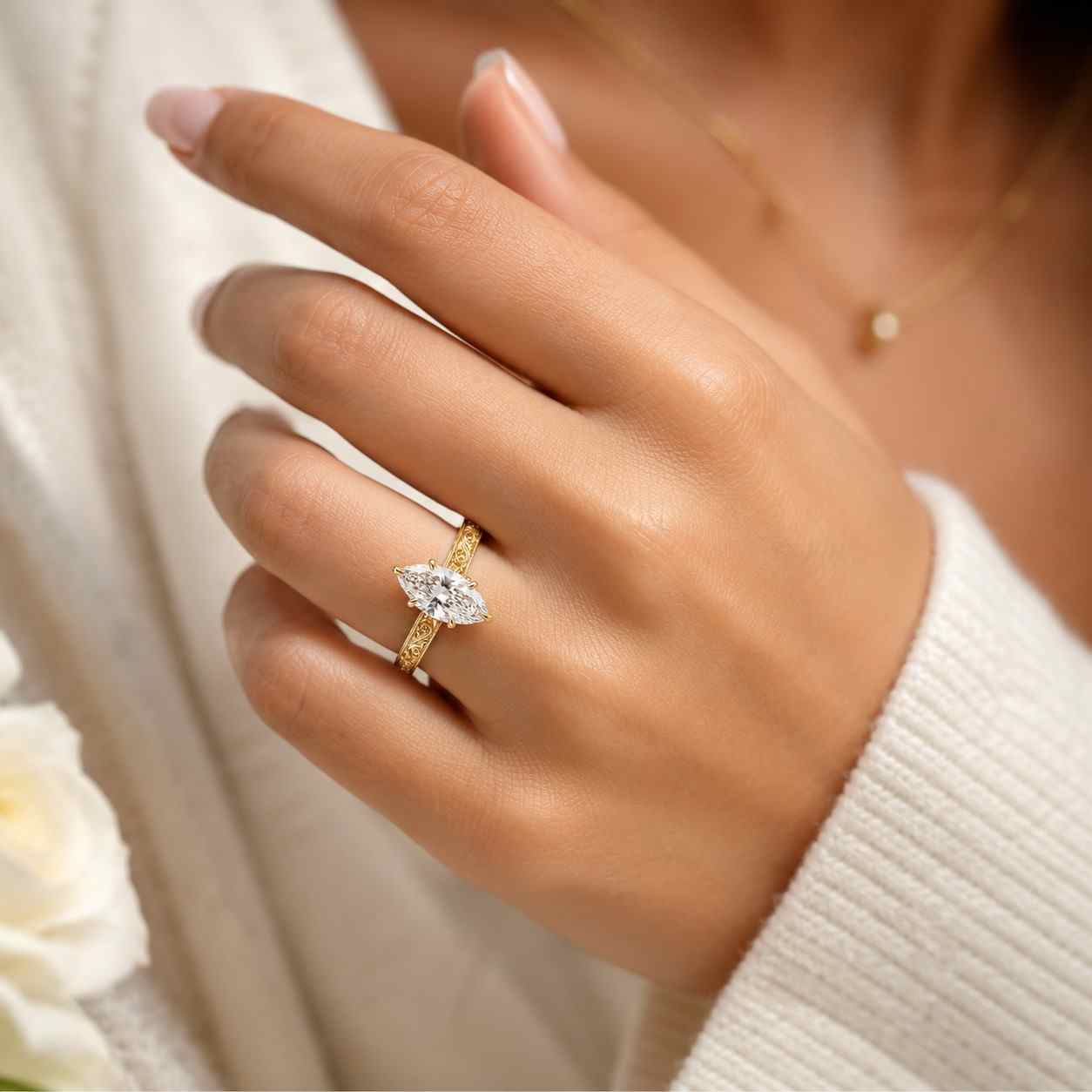 Engraved Vintage Leaves & Milgrain Set Ring, Dutch Marquise Cut Lab Grown Diamond Engagement Ring, 14k Gold Gift for Her, Gold Jewelry