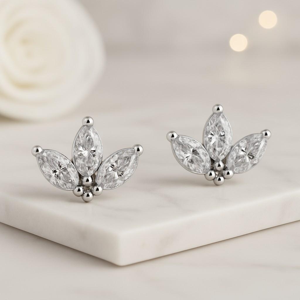Flower Diamond Earring Unique Gift For Women Marquise Stud Earrings Marquise Cut Diamond Earrings Minimalist Flower Earrings