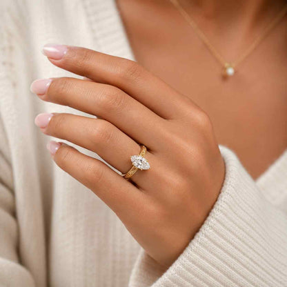 Flower Engraved Vintage Ring, 14K Gold Milgrain Bezel Set Engagement Ring, Marquise Cut Lab Grown Diamond Ring, Solitaire Wedding Gift Ring