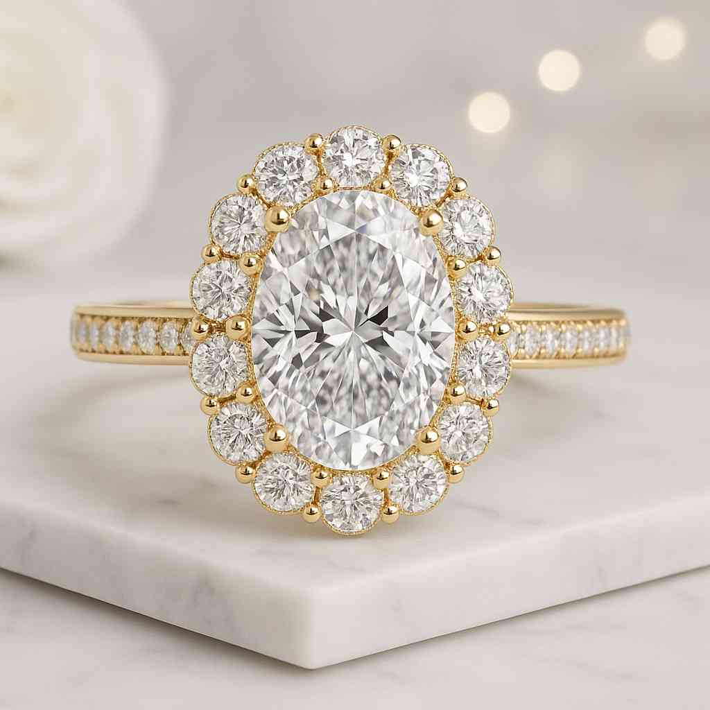 Flower Halo Diamond Ring, Halo Round Brilliant Cut Diamond Engagement Ring