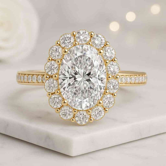 Flower Halo Diamond Ring, Halo Round Brilliant Cut Diamond Engagement Ring