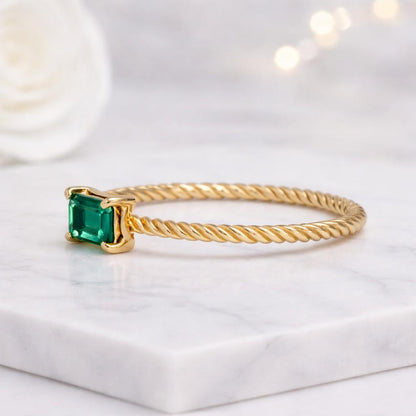 Four Prong Set Birthstone Ring Green Baguette Ring Handmade Jewerly