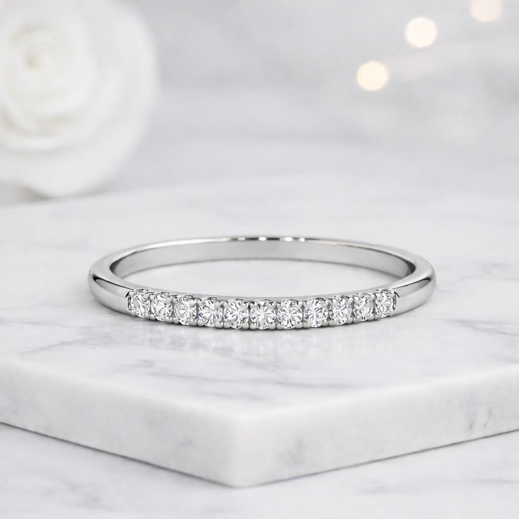 Full Eternity Wedding Band, Flush Setting Diamond Wedding Band, Thin Dainty Stacking Band, Engagement Gift Round Cut Moissanite Wedding Band
