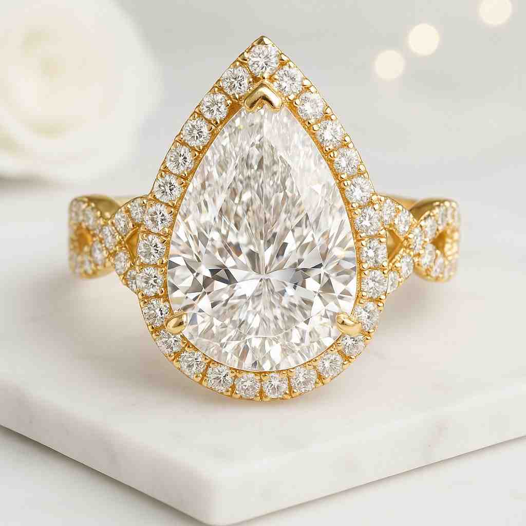 genuine lab grown diamond anniversary ring twisted band ring hidden halo pear cut moissanite engagement ring