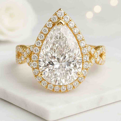Genuine Lab Grown Diamond Anniversary Ring Twisted Band Ring Hidden Halo Pear Cut Moissanite Engagement Ring