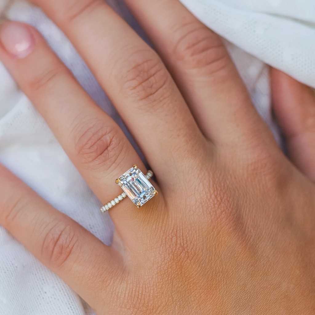 Genuine Lab Grown Diamond Rings Emerald Cut Diamond Ring Hidden Halo Rings Emerald Cut Diamond Pave Band