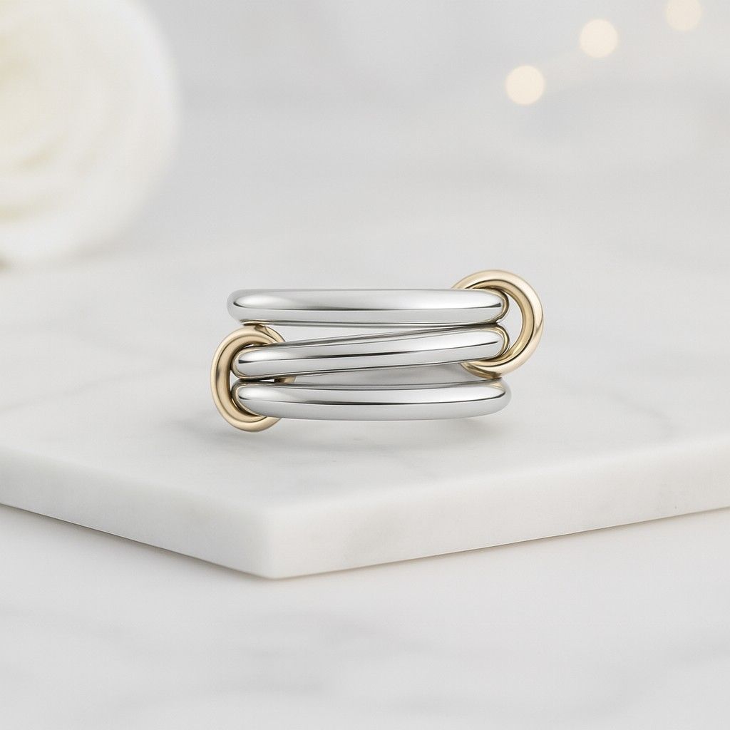 Gold Linked Spinner Ring 14K Two Tone Interlocking Band Stacker Ring For Her Gold Silver Ring