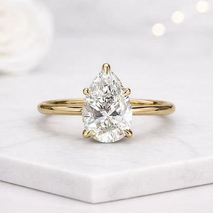 Gold Pear Solitaire Ring, Pear Engagement Ring