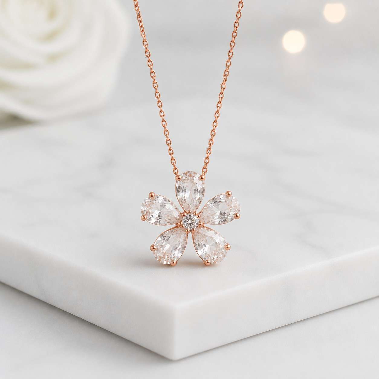 Gold Plated Sterling Silver Flower Pendant Necklace: Pear Cut Diamond Jewelry
