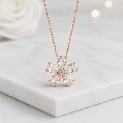Gold Plated Sterling Silver Flower Pendant Necklace: Pear Cut Diamond Jewelry
