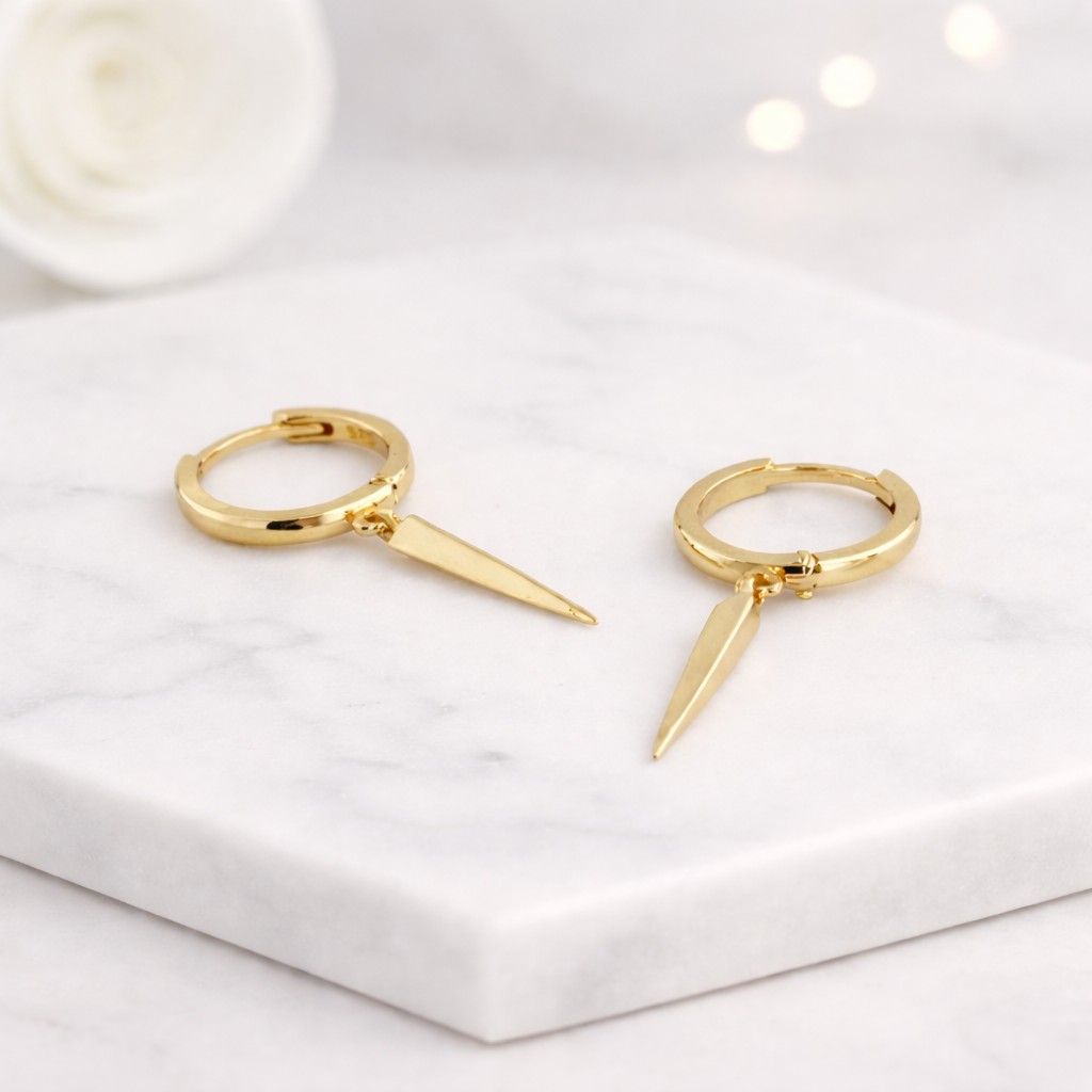 14k gold spike drop hoop earrings