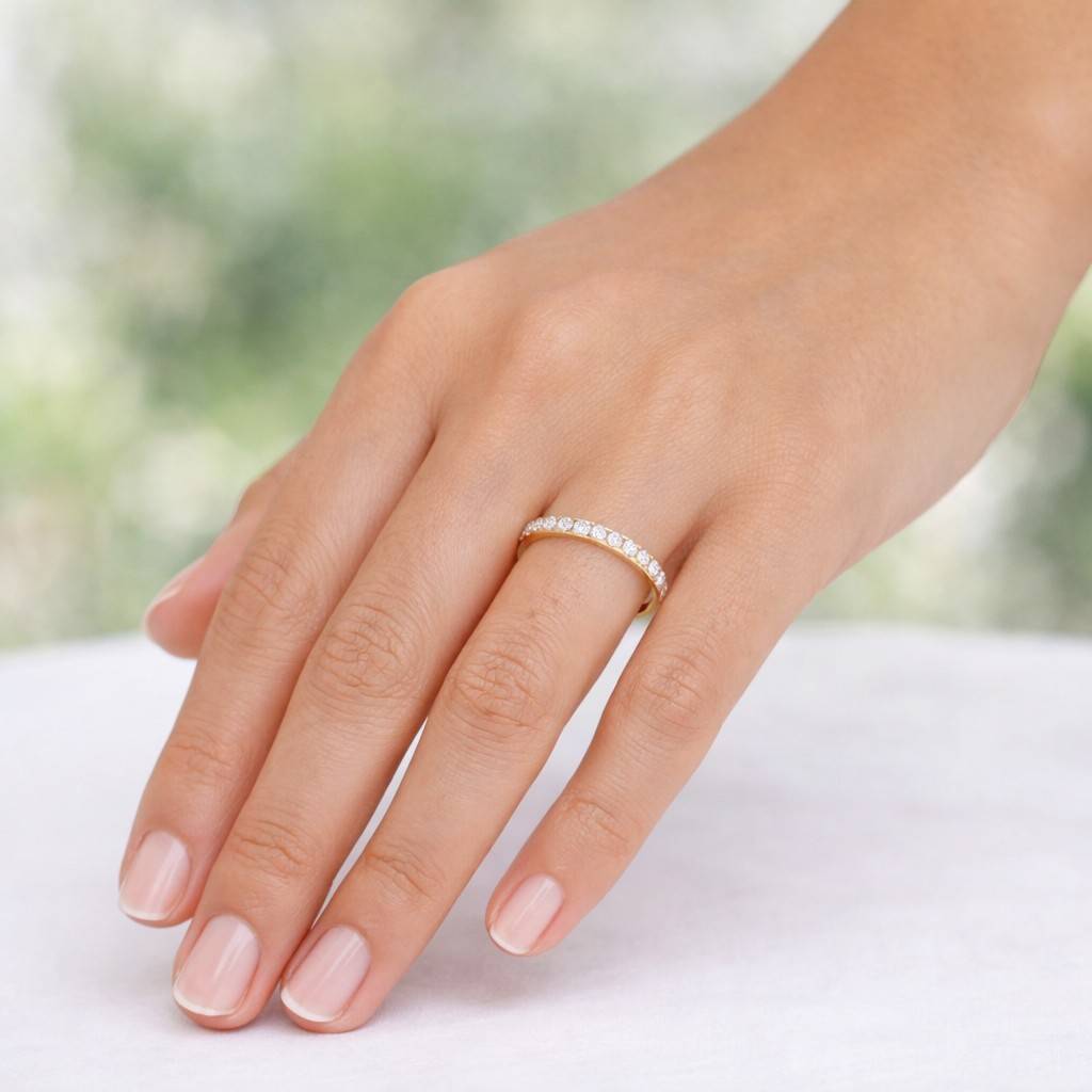 half eternity diamond wedding ring, solid gold minimalist dainty stacking ring for her,