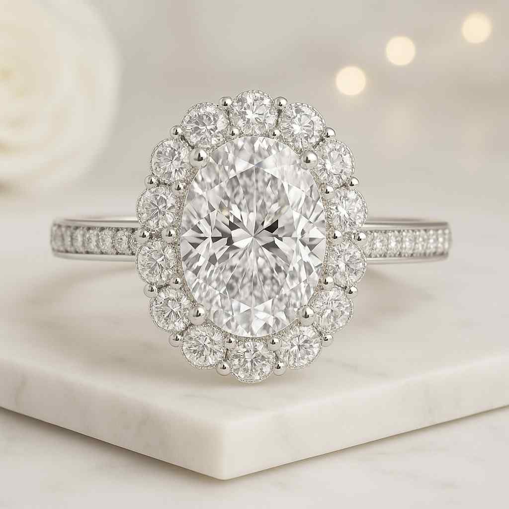 Halo Set Proposal Ring Lab Grown Diamond Oval Cut Diamond Ring