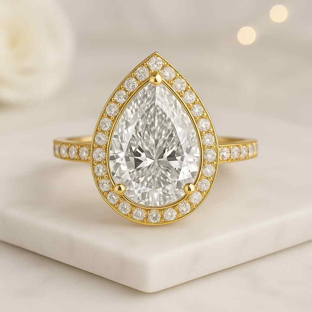 Halo Tear Drop Wedding Ring 14K Solid White Gold Solitaire With Accent Rope Ring