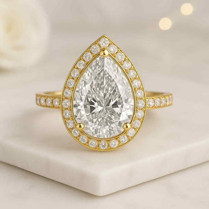 Halo Tear Drop Wedding Ring 14K Solid White Gold Solitaire With Accent Rope Ring