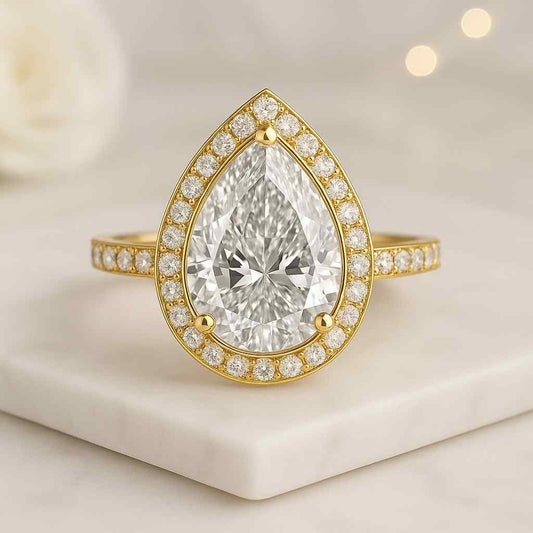 Halo Tear Drop Wedding Ring 14K Solid White Gold Solitaire With Accent Rope Ring