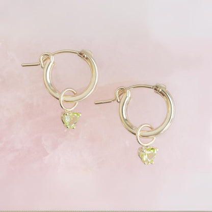 Heart Huggie Hoop Clasp Peridot Charm Hoop Dangle Earrings