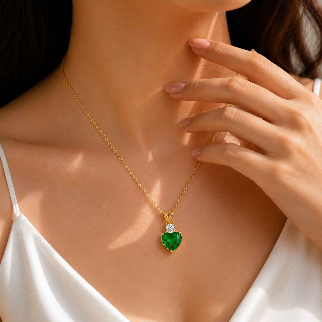 heart lab emerald necklace, vintage solitaire pendant, yellow gold jewelry women, valentine's day gifts