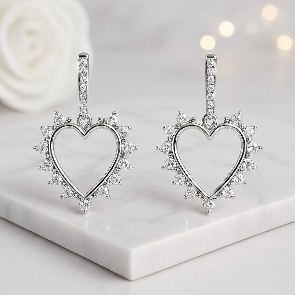 Heart Shape Diamond Dangle Earrings for Her Unique Bezel Prong Set Diamonds Earrings for Women BirthdayAnniversary Gifts for Her