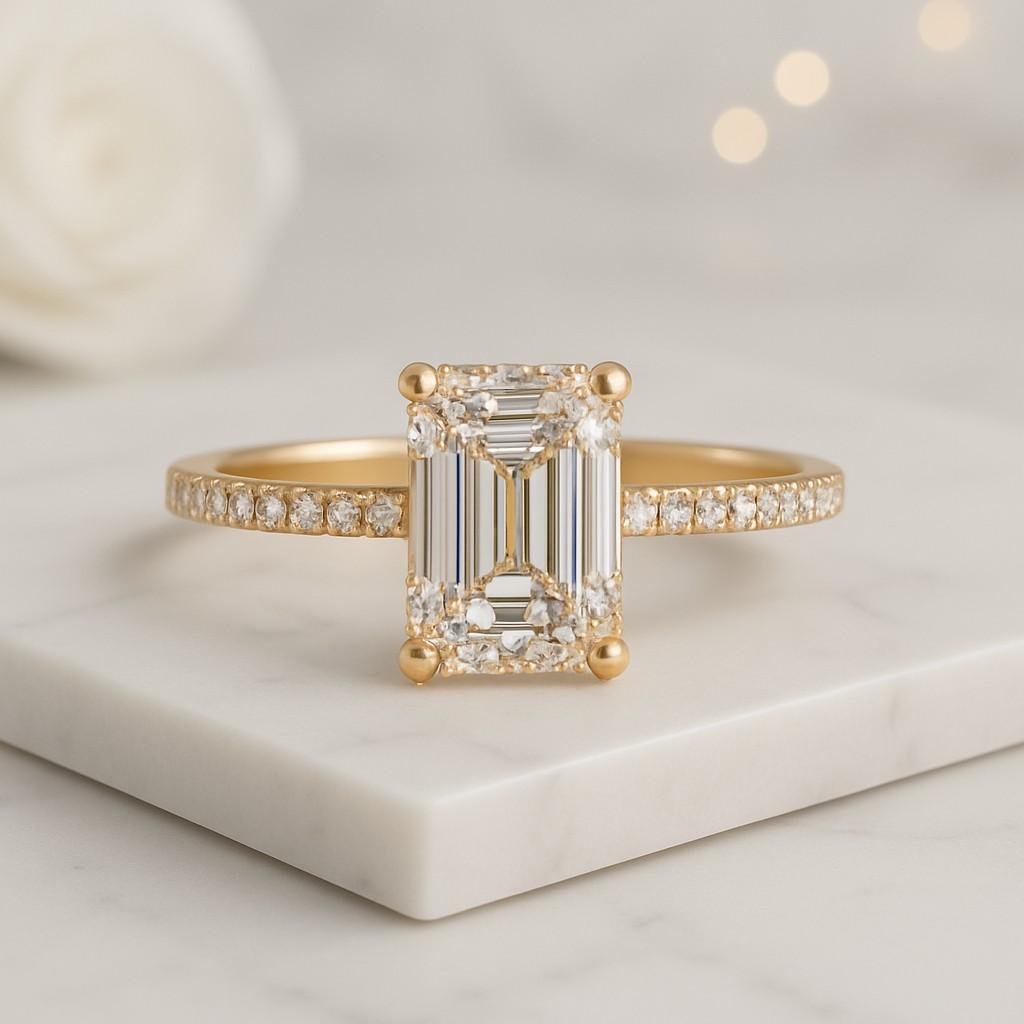 High Setting Rings Cathedral Ring Emerald Diamond Ring Set Stacked Engagement Ring