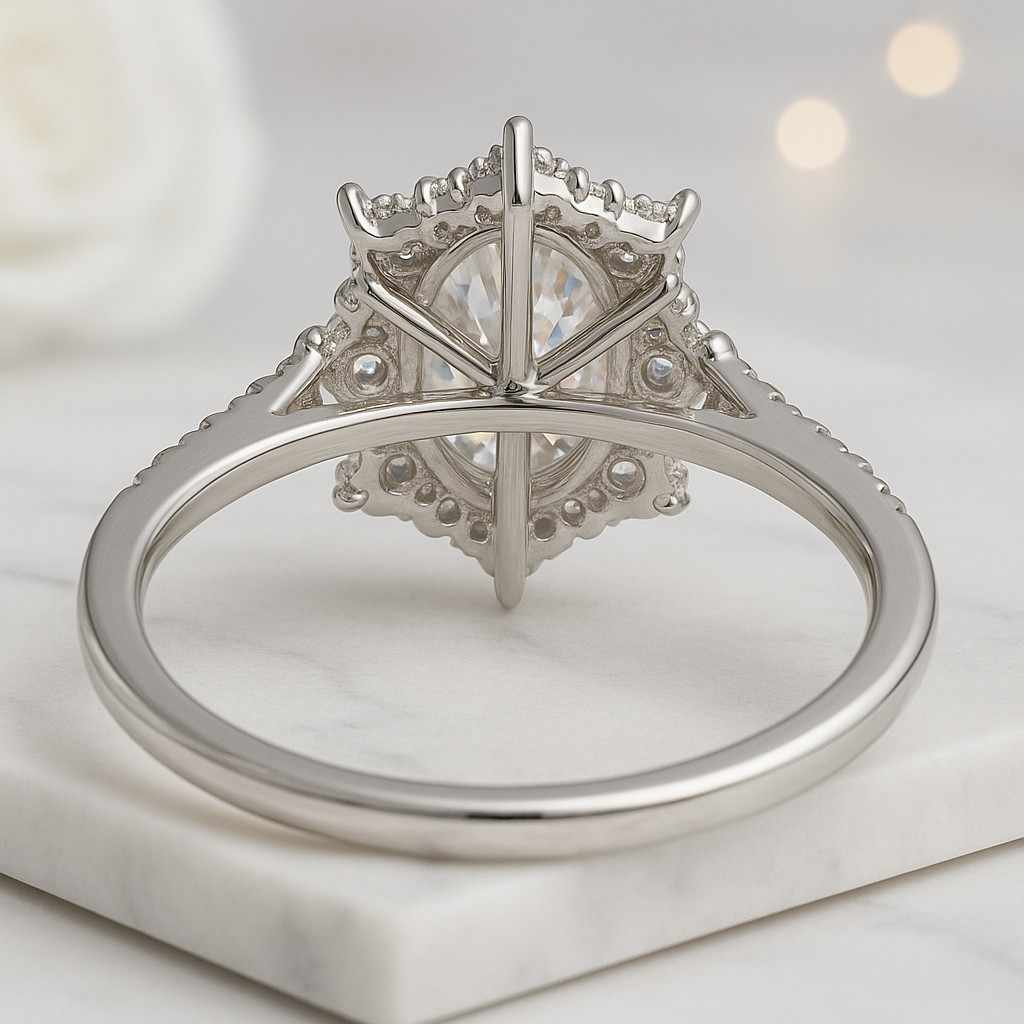 IGI Certified Lab Grown Oval Diamond Engagement Ring Hidden Halo Pavé Band