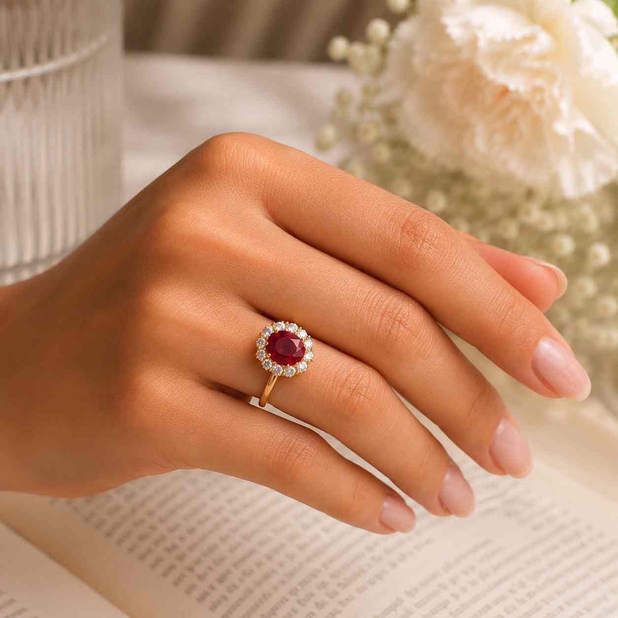 Lab Created Oval Shape Gemstone Ruby Ring Encircling Center Stone With Classic Round Shaped Stone, 10K Rose Gold Statement Promise Ring
