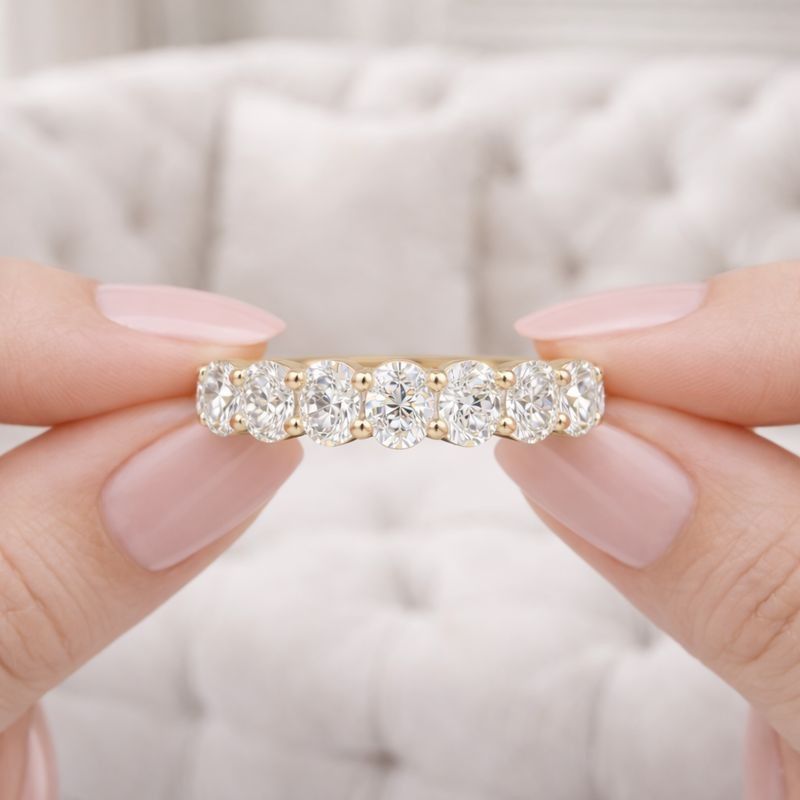 lab grown oval diamond eternity band - 14k gold bezel set wedding ring
