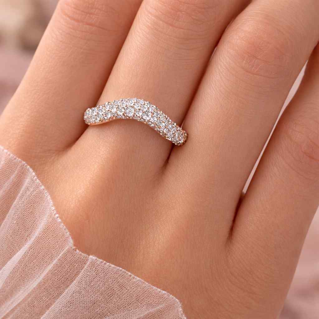 crossover ring wave band chevron ring curved wedding band nesting band diamond ring pave band crystal band luxe ring