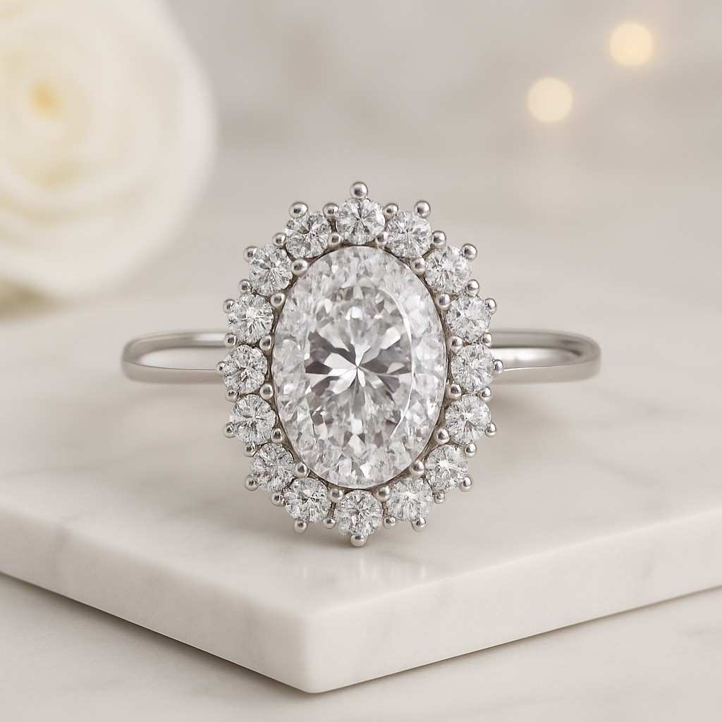 Man Made Diamond Ring Oval Cut Lab Grown Diamond Halo Ring