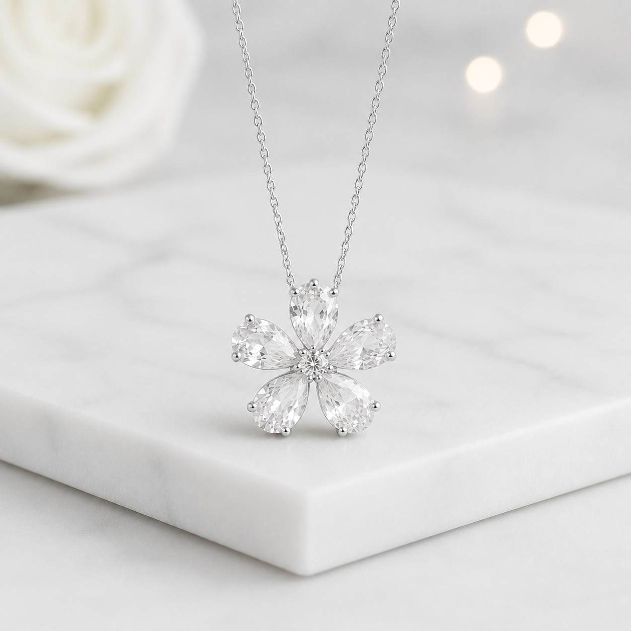 pear shape lab diamond flower necklace, solitaire diamond necklace