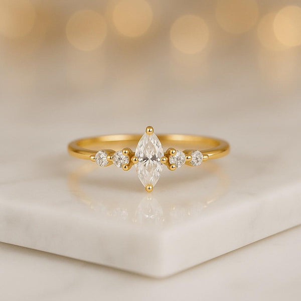 Marquise Cut Lab Diamond Ring Vintage Diamond Engagement Ring Solid Gold Unique Snowdrift 6 Prongs Engagement Ring Lab Diamond Wedding Ring
