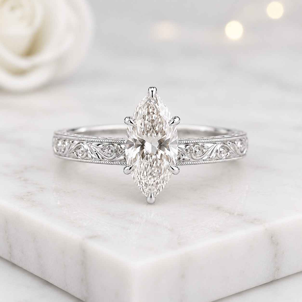 marquise cut lab grown diamond engagement ring, hand engraved gold band, edwardian inspired ring, pinched shank engraved ring, 14k gold