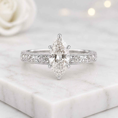 Marquise Cut Lab Grown Diamond Engagement Ring, Hand Engraved Gold Band, Edwardian Inspired Ring, Pinched Shank Engraved Ring, 14K Gold