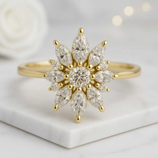 Marquise Cut Lab Grown Diamond Engagement Ring Unique Rose Gold Floral Wedding Ring Diamond Cluster Bridal Ring