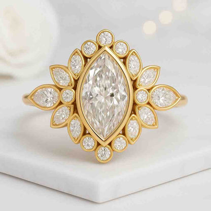 Marquise Cut Lab Grown Diamond Ring Charming Burst Cluster Halo Ring Engagement Ring