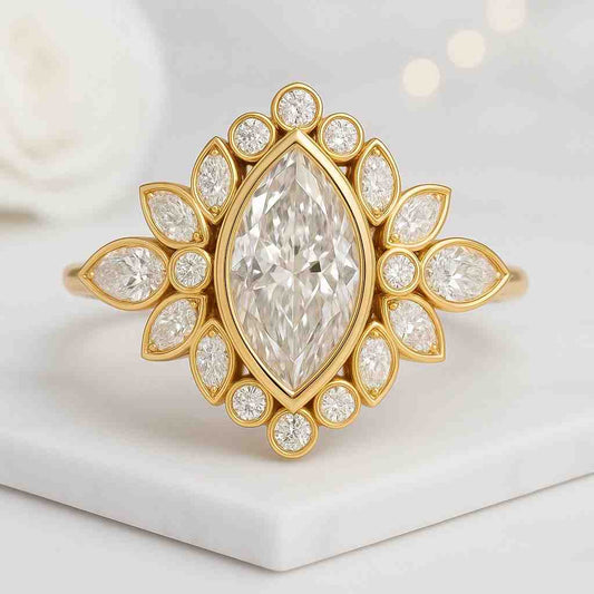 Marquise Cut Lab Grown Diamond Ring Charming Burst Cluster Halo Ring Engagement Ring