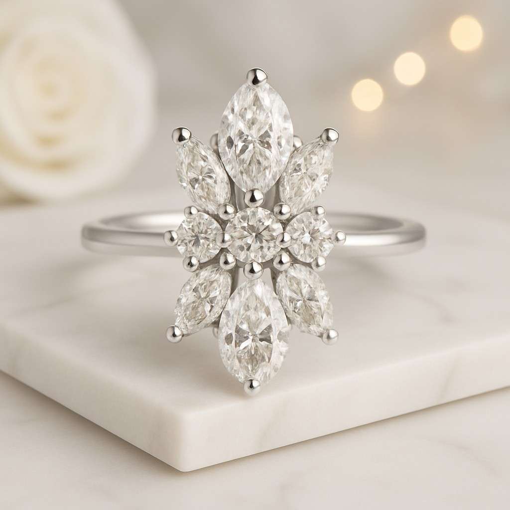 Marquise Diamond Wedding Set Bridal Set Ring for Her Marquise Cluster Ring Chevron Engagement Ring Set IGI Certified Marquise Ring